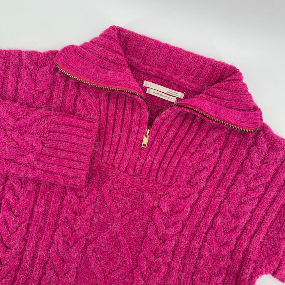 Anthropologie Cable Knit Women's XXS Quarter Zip Pullover Sweater‎ Hot Pink